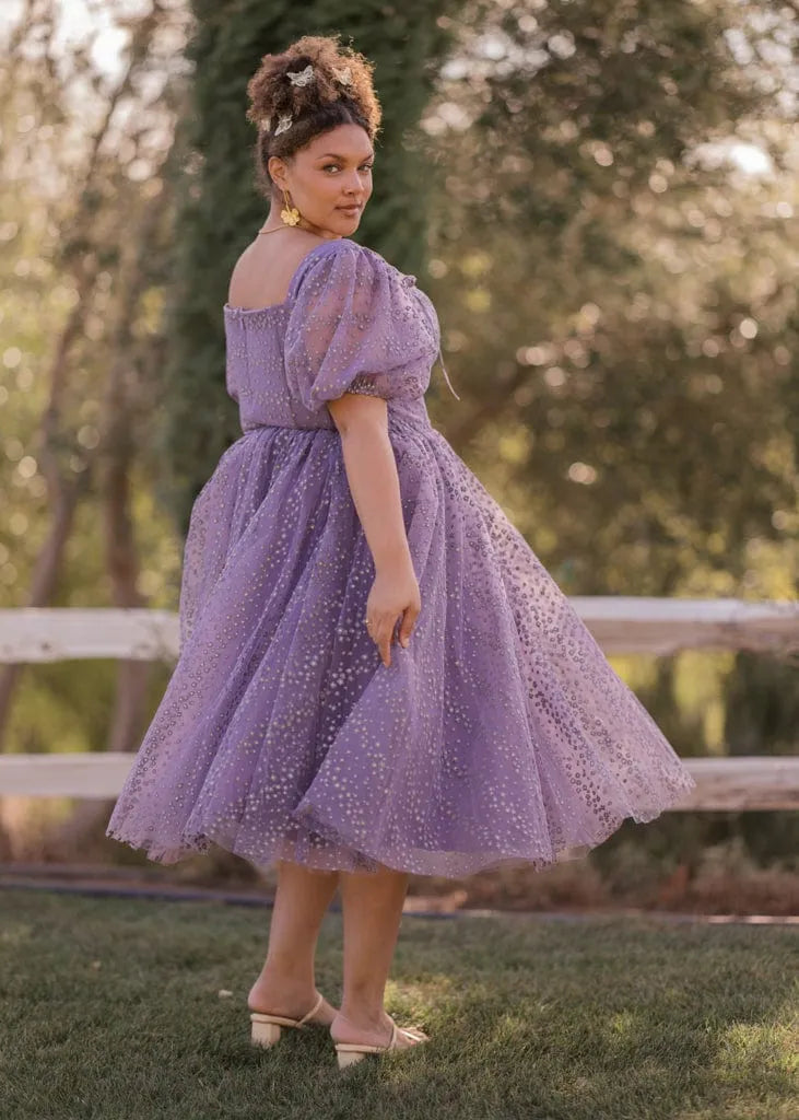 Everbloom Puff Sleeve Midi Dress in Purple